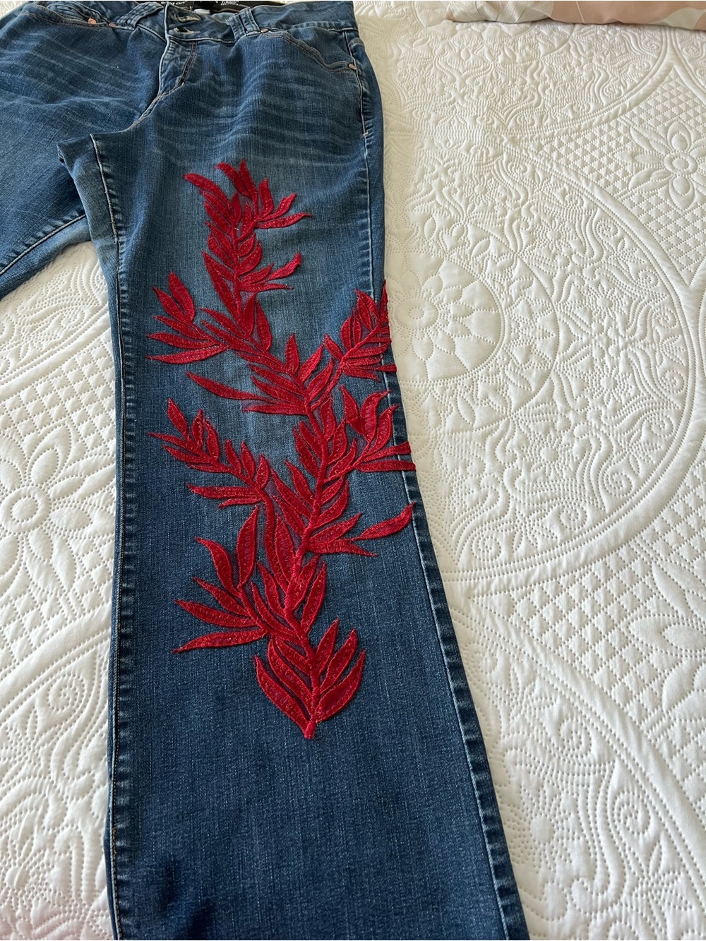 Lane Bryant Dark Blue Flare Jeans with Red Embroidered Leaf Appliqué